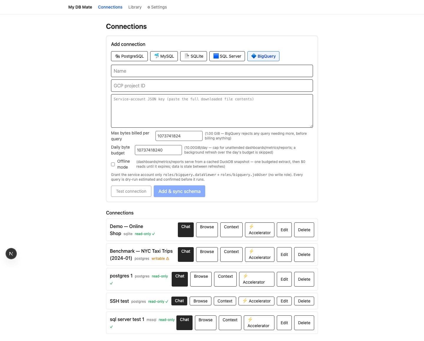 BigQuery: connection form + cost-safety (per-query cap, daily budget, offline mode)