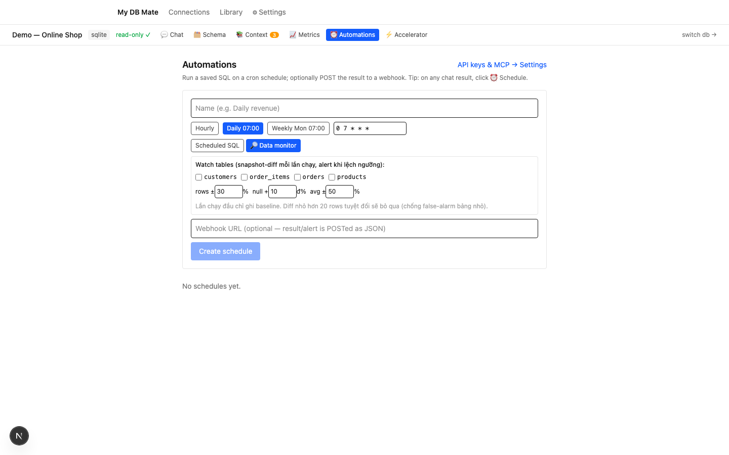 Data monitor: cron + watch tables + thresholds