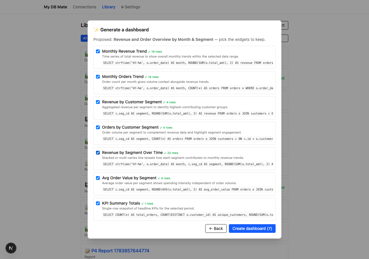 Generate dashboard: prompt → preview widget đã probe → tạo