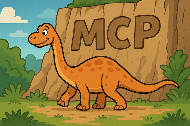 Repo Logo - a long-necked orange dinosaur walks in-front of a cliff-face with the letters M C P carved into it