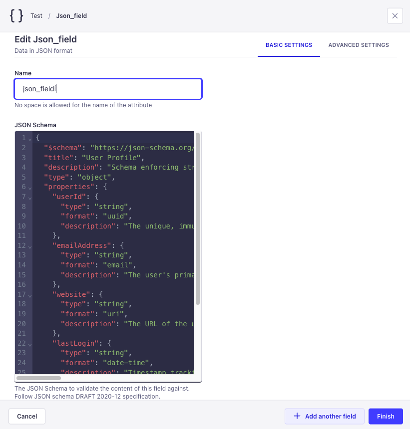 JSON Schema validation field in content type builder