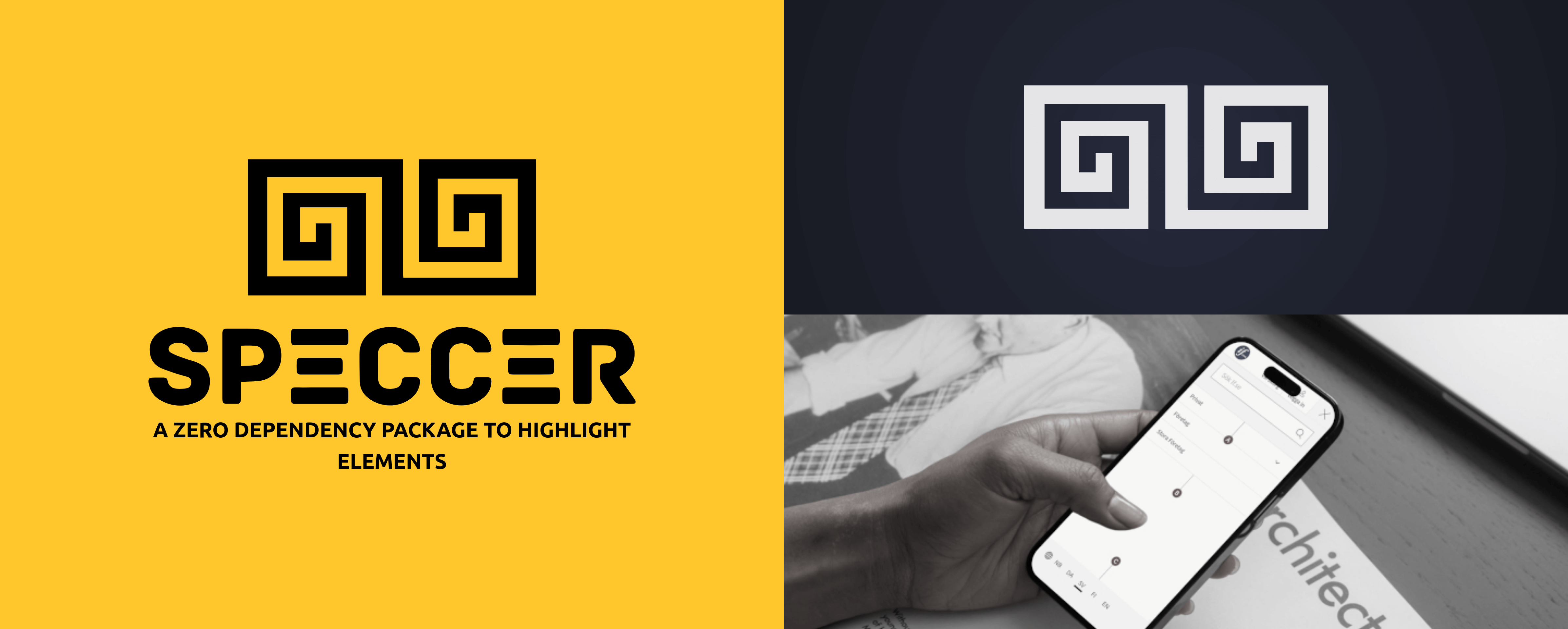 Speccer hero, with logo and slogan: A zero dependency package to annotate or highlight elements