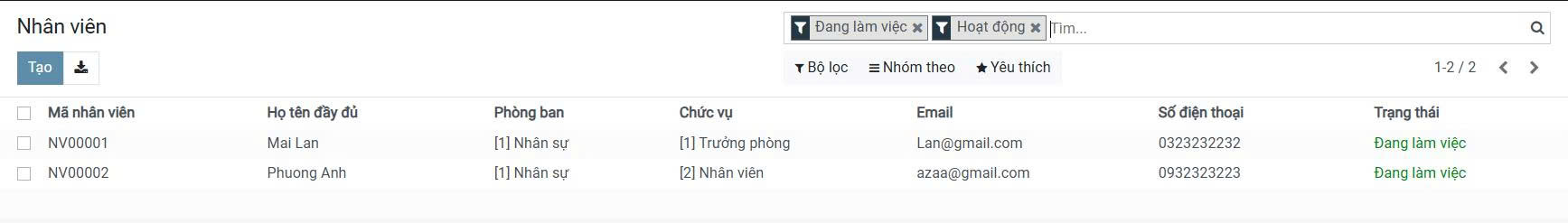 Giao diện danh sách nhân sự