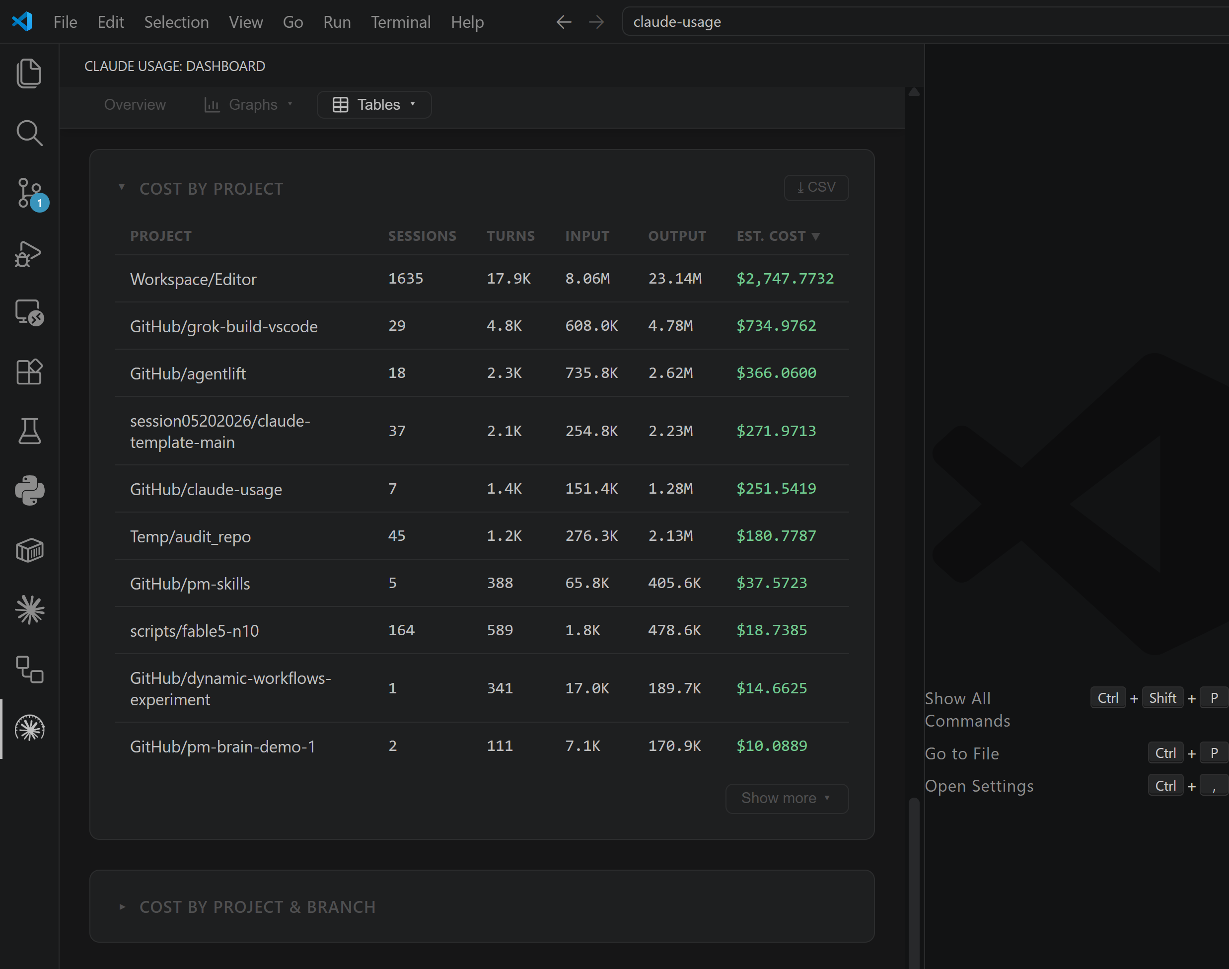 VS Code extension — hourly + projects