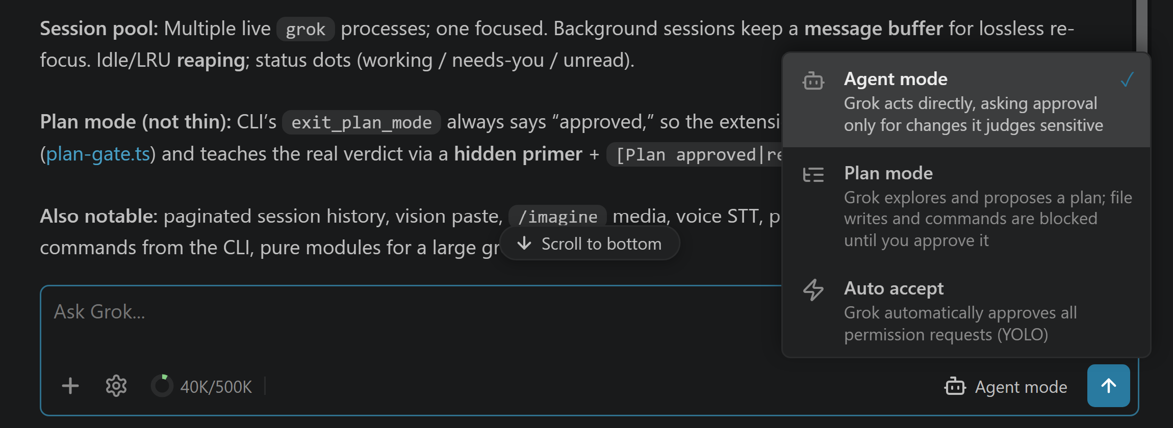 The mode picker — Agent, Plan, and Auto accept