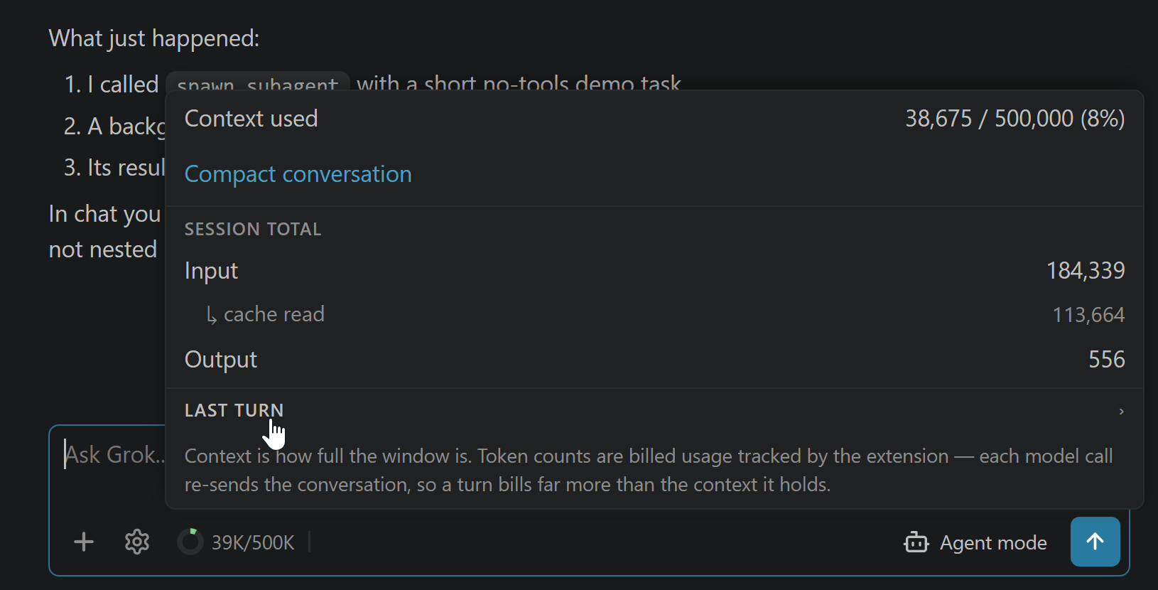 The context popover — window usage, billed totals, and Compact