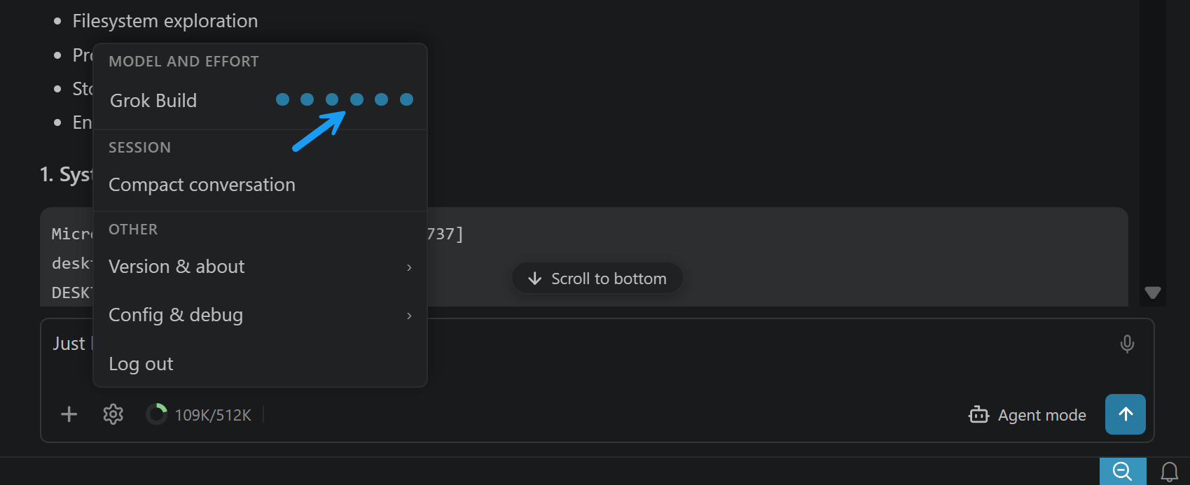 Model and reasoning-effort picker in the gear menu