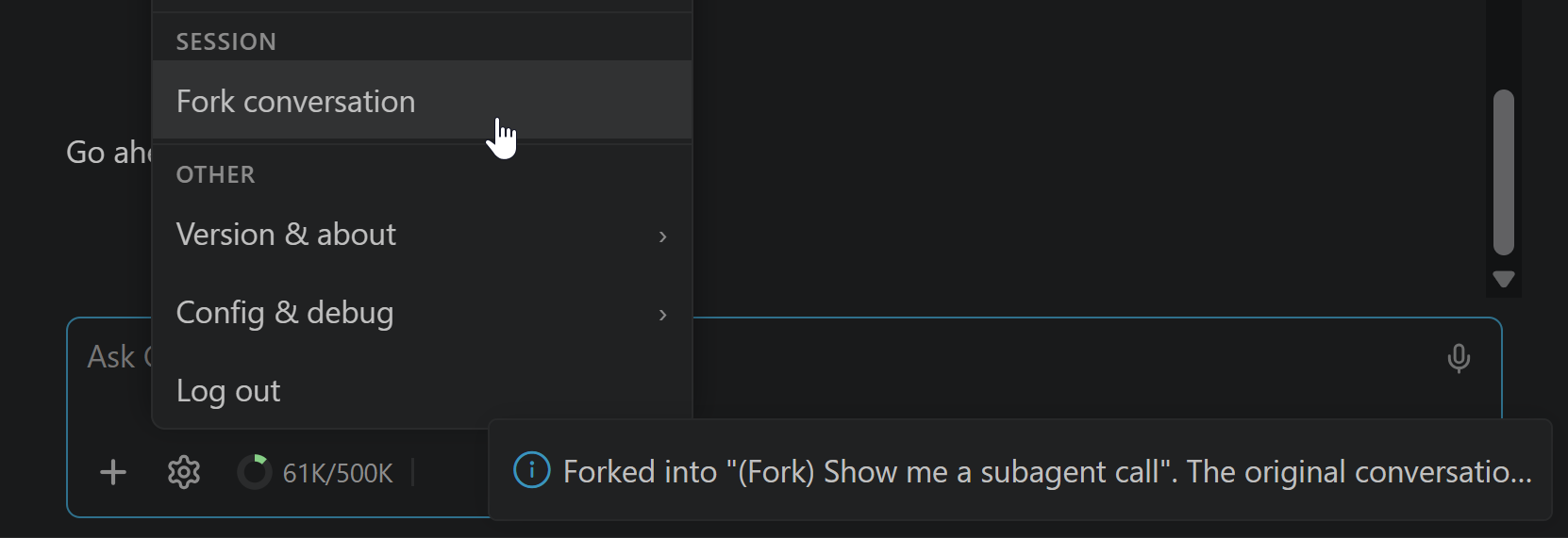 Fork conversation in the gear menu