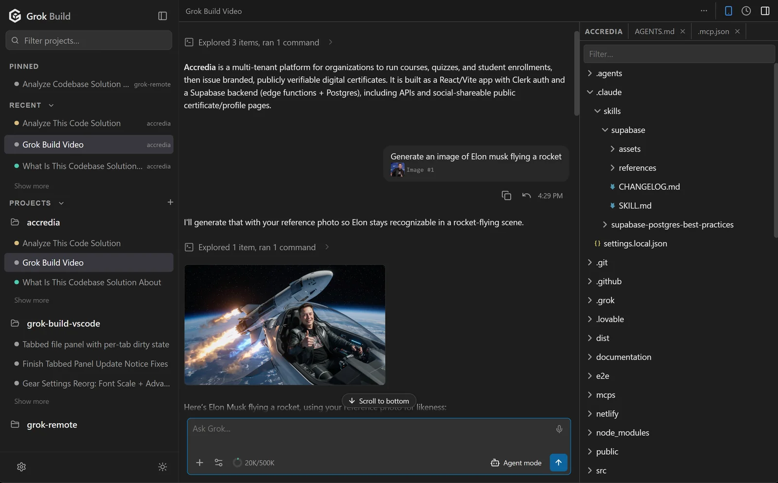 Grok Build Desktop — projects, the conversation with an image generated inline, and the file panel