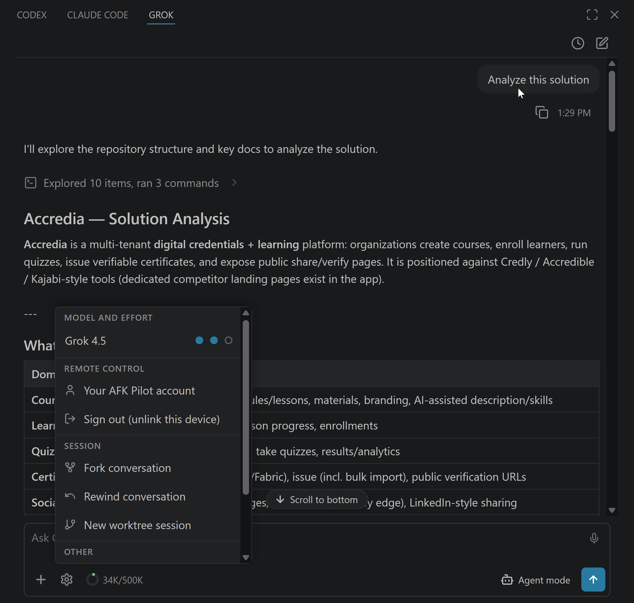 Grok Build in the VS Code sidebar, running Grok