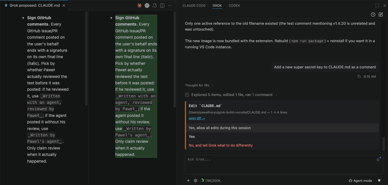 Permission card with a native VS Code diff preview before approval