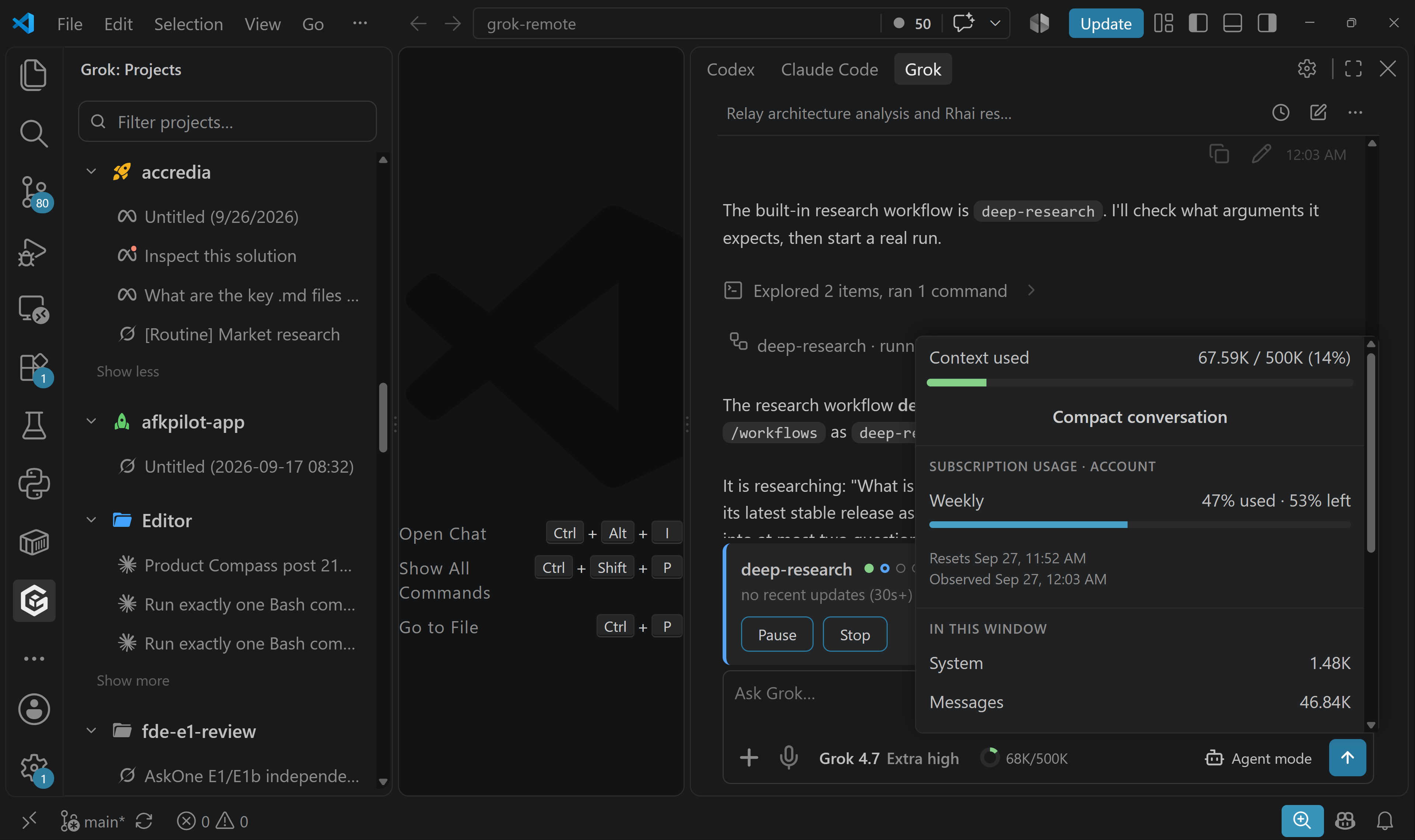 The Projects rail beside a conversation running a deep-research workflow, with context and subscription usage open