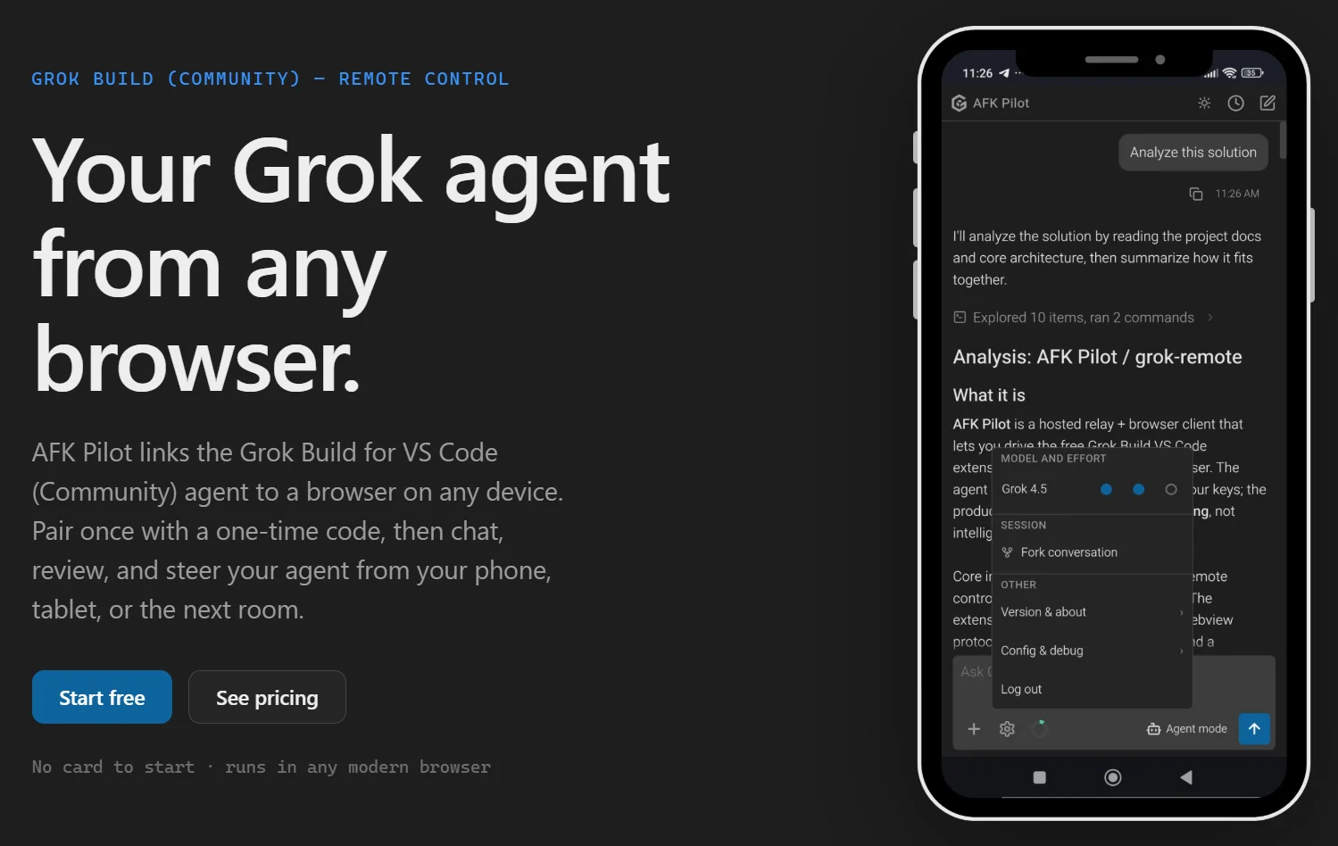 AFK Pilot — your Grok agent from any browser