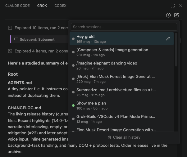 Session history dropdown with status dots
