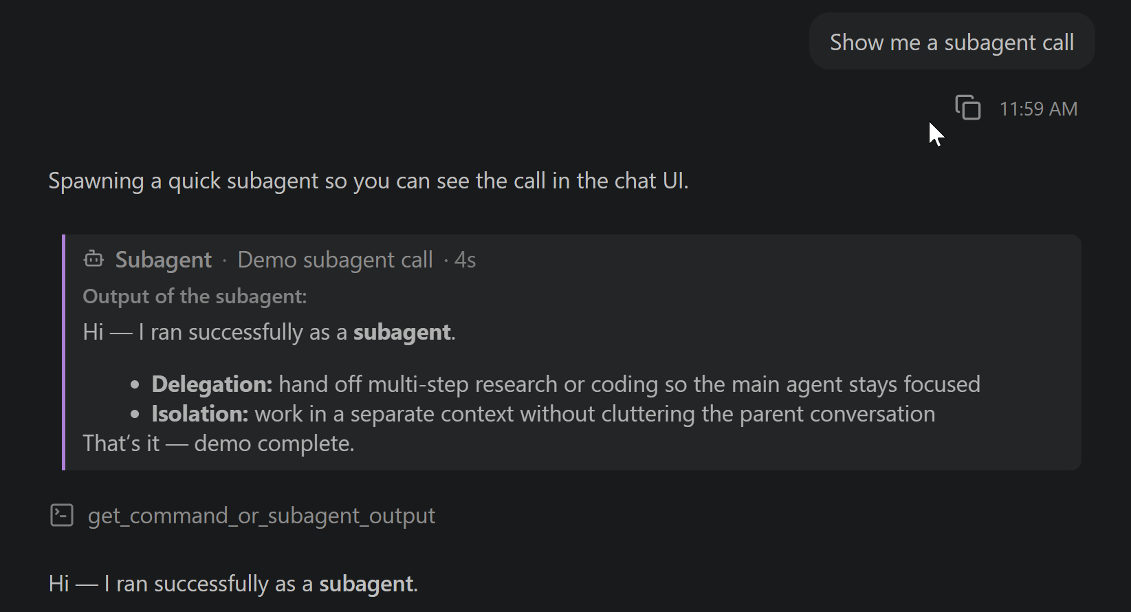 A subagent call rendered as a card in the chat