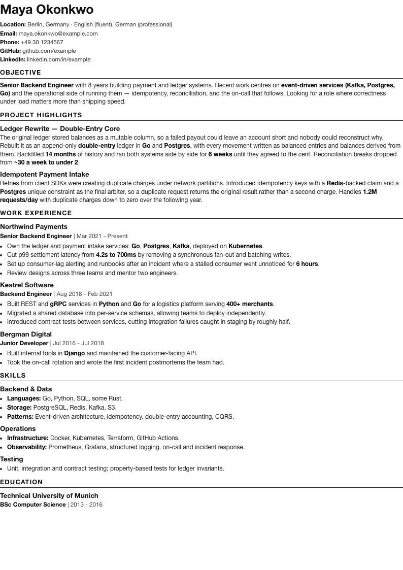 Backend engineer resume built from Markdown