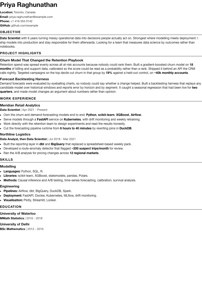 Data scientist resume, one page
