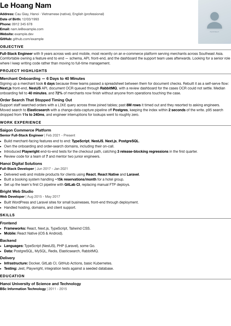 Markdown resume with a portrait photo in the header