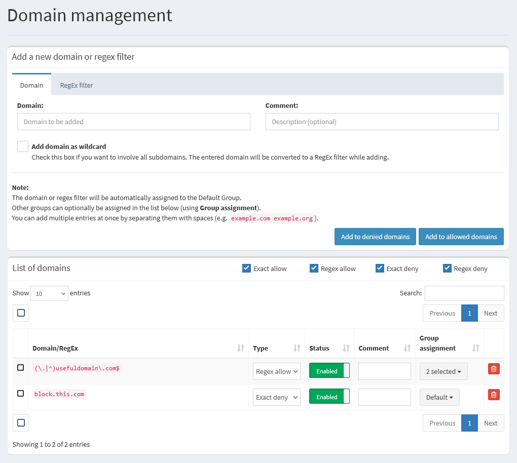 Pi-hole v6 domain management screen with allow, deny and regex tabs