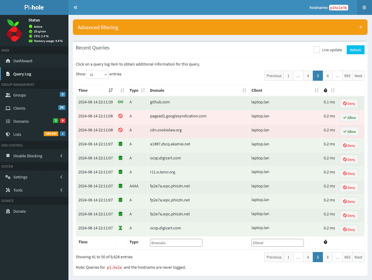 Pi-hole v6 query log filtered by client and status with permitted, blocked and cached entries