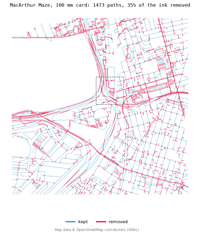 The whole card: removed ink in red, the dashed box is the zoom below
