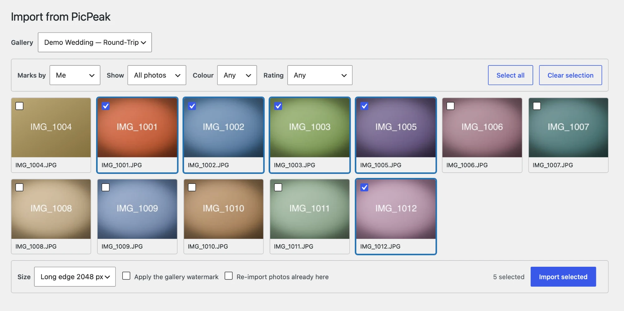 Selecting photos to import, filtered by the photographer's own colour and star marks
