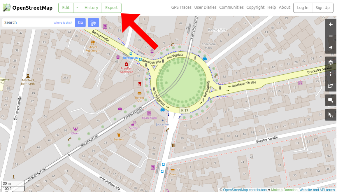 Screenshot of OpenStreetMap with an arrow pointing to the "Export" button