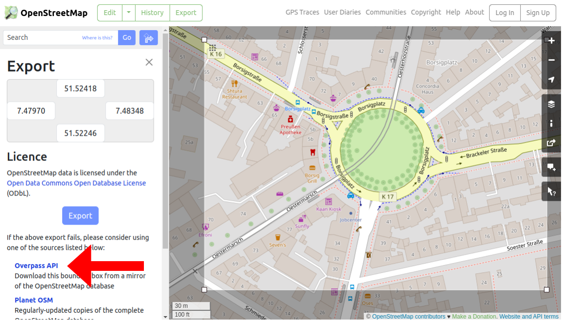 Screenshot of OpenStreetMap with an arrow pointing to the "Overpass API" link