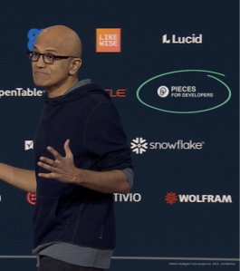 CEO of Microsoft Satya during the keynote with Pieces Circled.