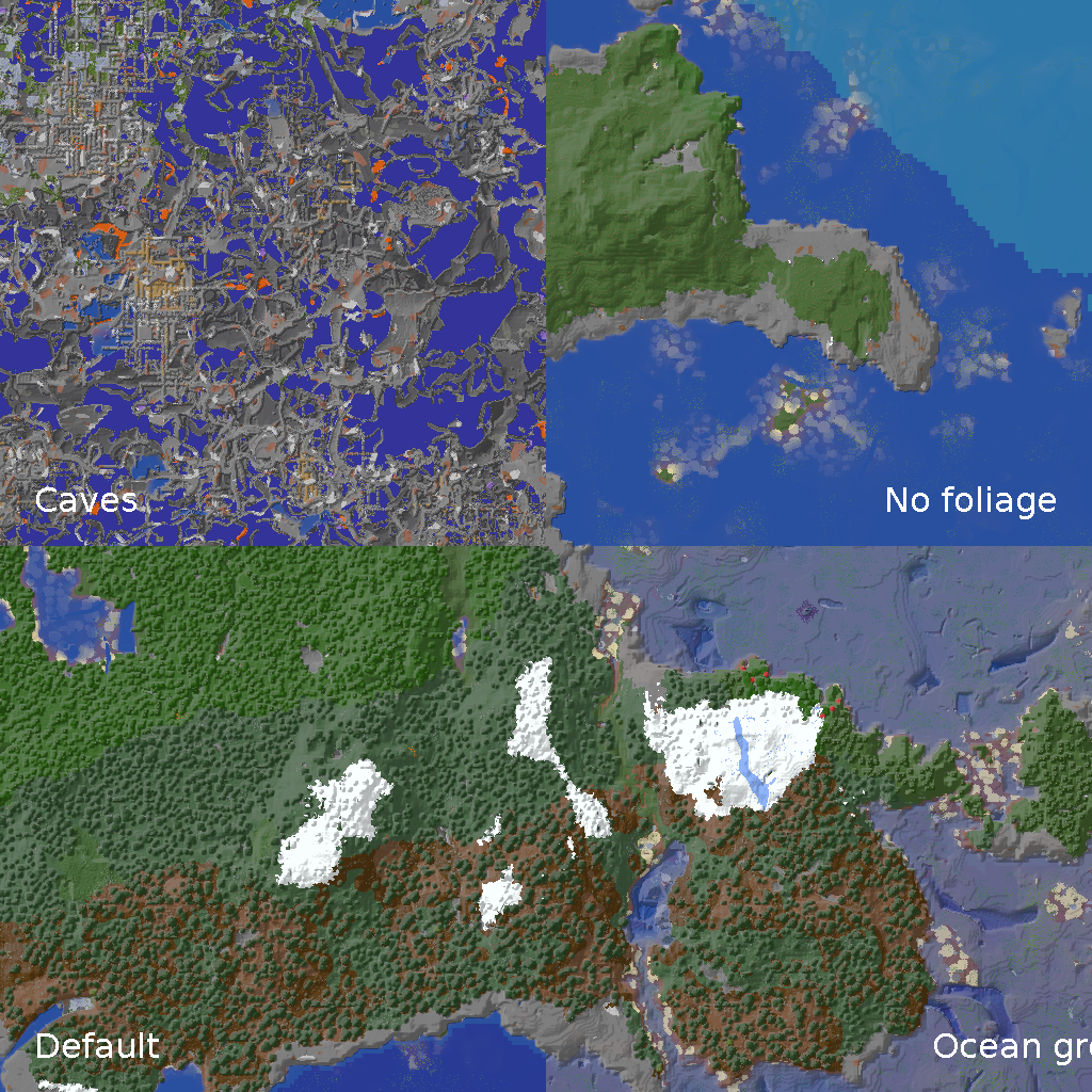 Four rendered region files, each with one with a different color map