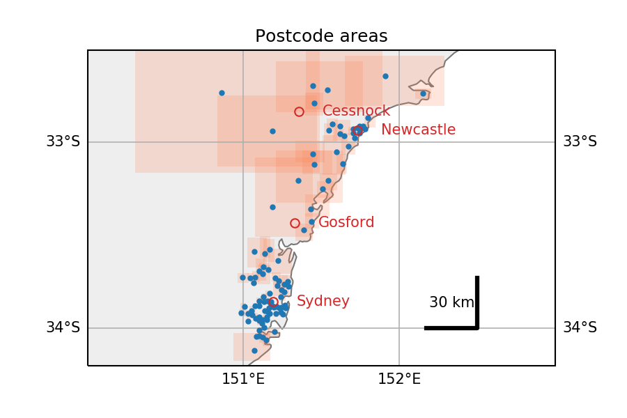 Locations of the postcodes present in the dataset (in Australia, NSW)