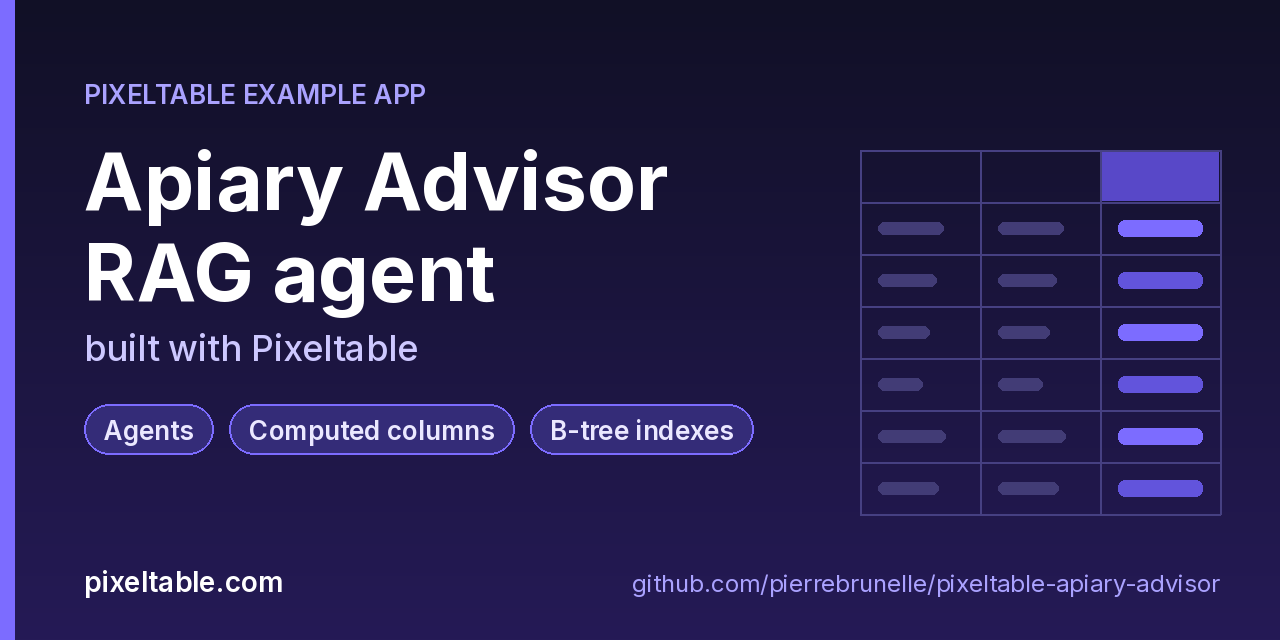 Apiary Advisor API built with Pixeltable