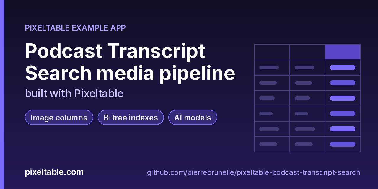 Podcast Transcript Search API built with Pixeltable