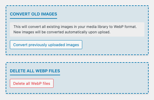 Convert your entire media library to WebP format with one click or safely delete all previously converted WebP images in a single operation.