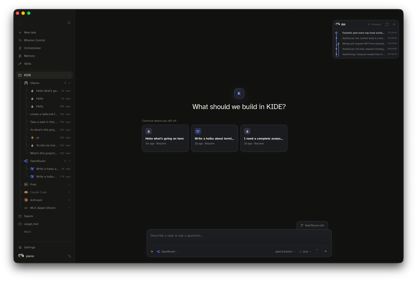 Klide focus mode with the conversation rail and a centered task prompt