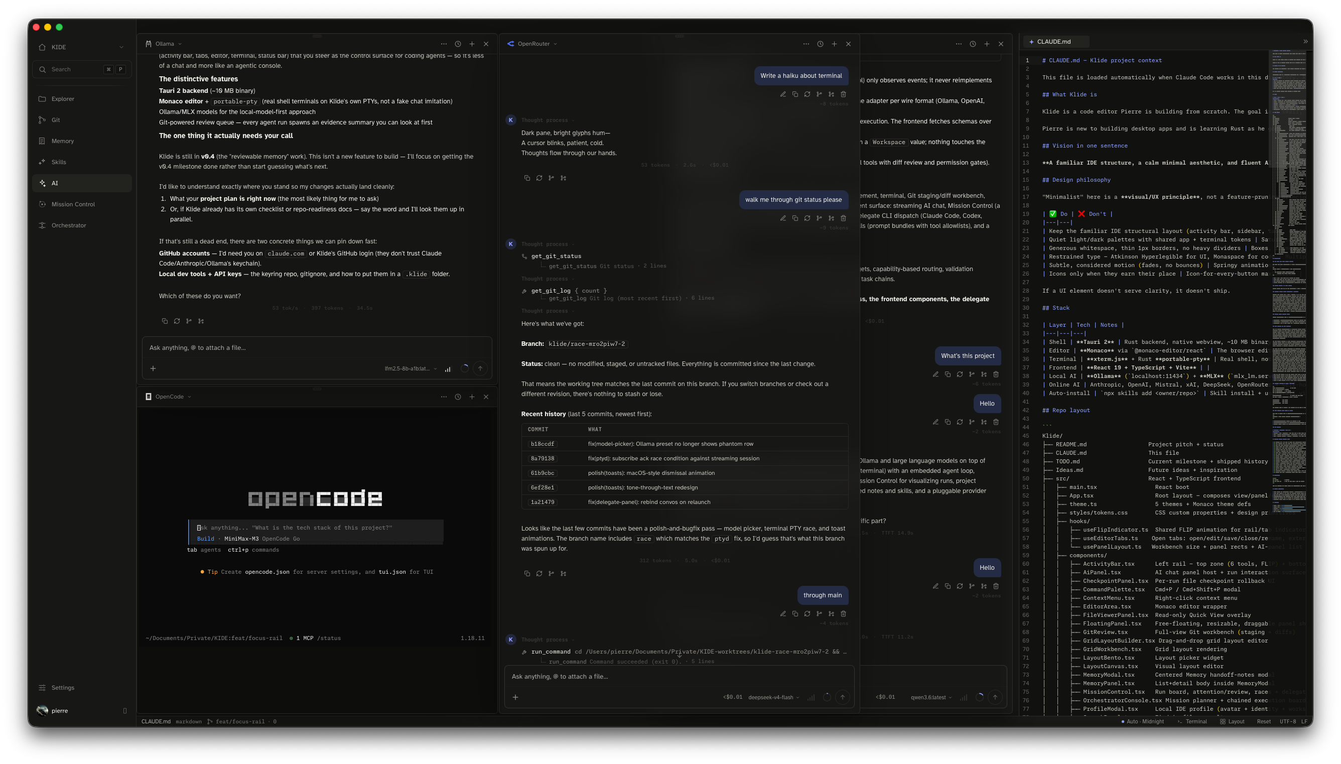 Klide free mode with three agent panels and the editor
