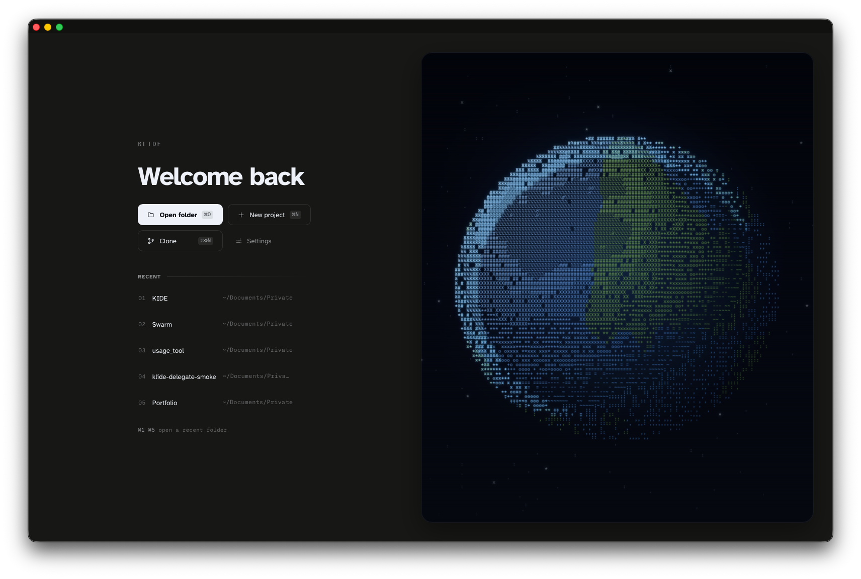 Klide welcome screen with recent projects