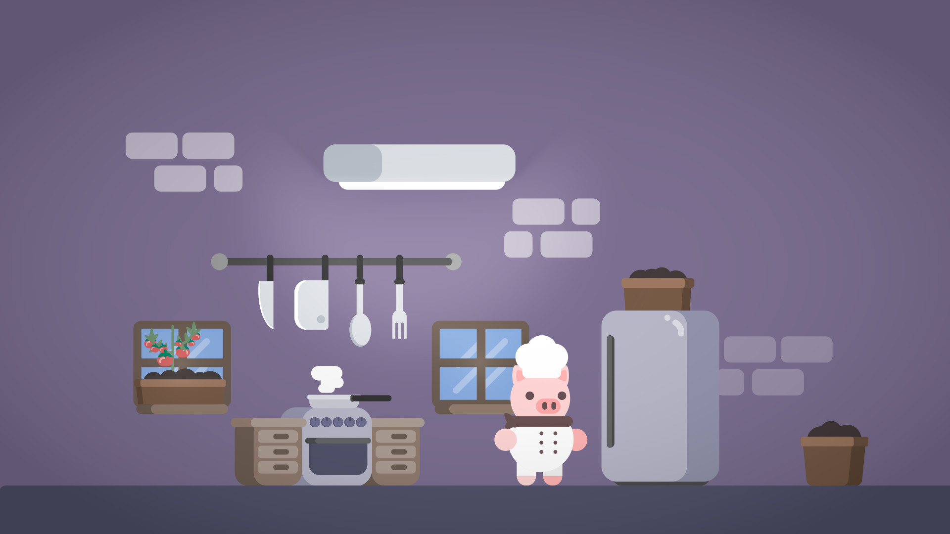 A pig dressed as a cook in a kitchen