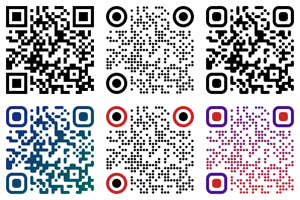 QR codes in six styles rendered by go-qr