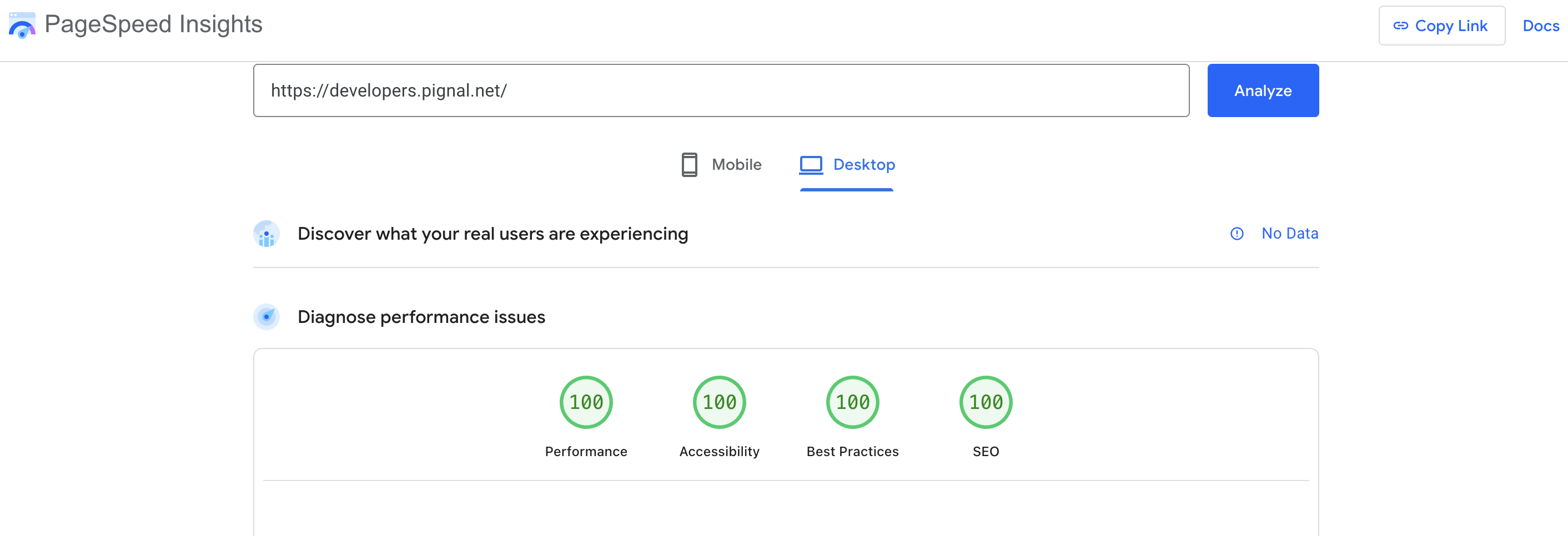 Lighthouse scores — Performance 100, Accessibility 100, Best Practices 100, SEO 100