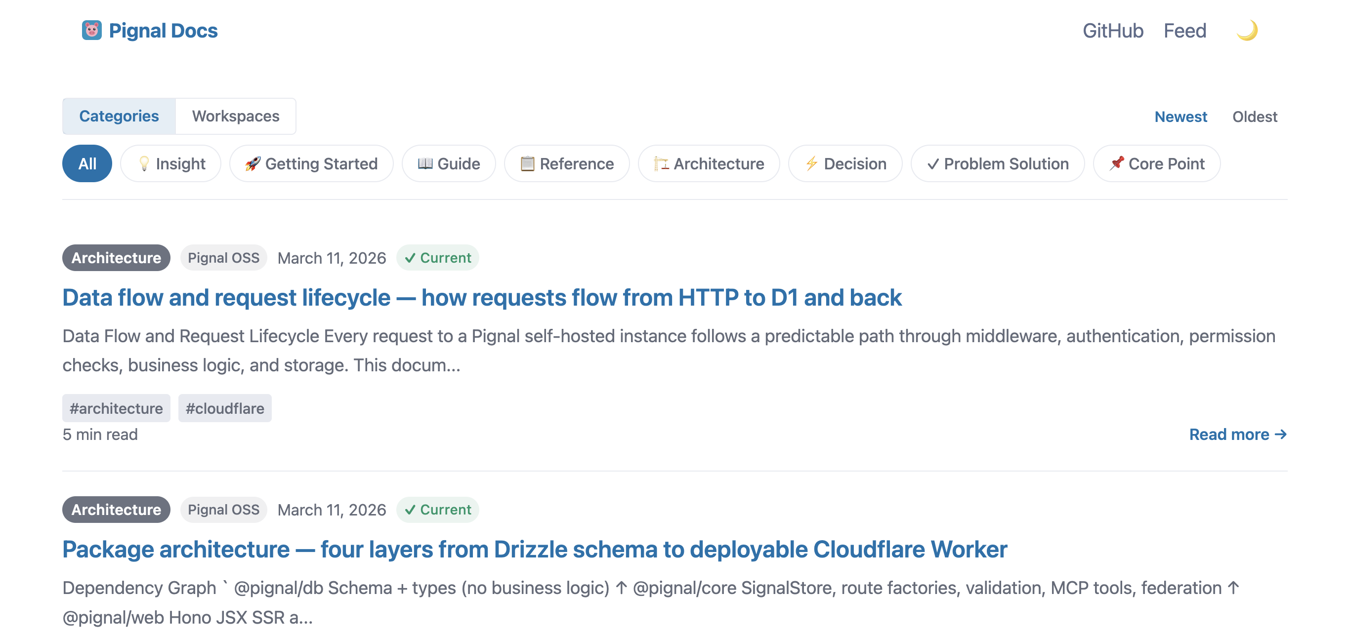 Pignal source page — browsing vouched items by category