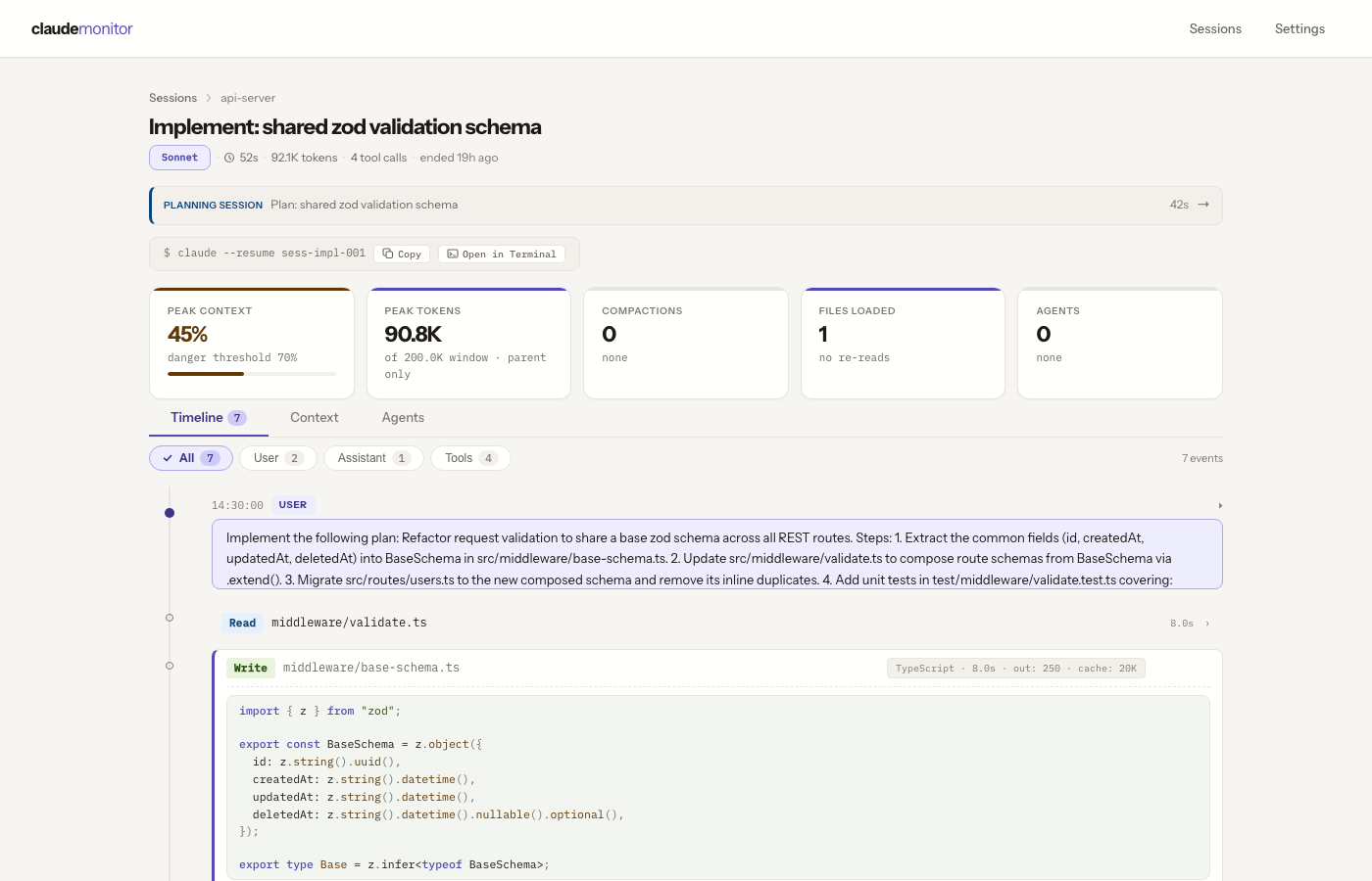 Timeline tab with a purple USER card, Write full-card showing syntax-highlighted TypeScript code, Edit full-card with +/- diff lines, and a gray ASSISTANT card