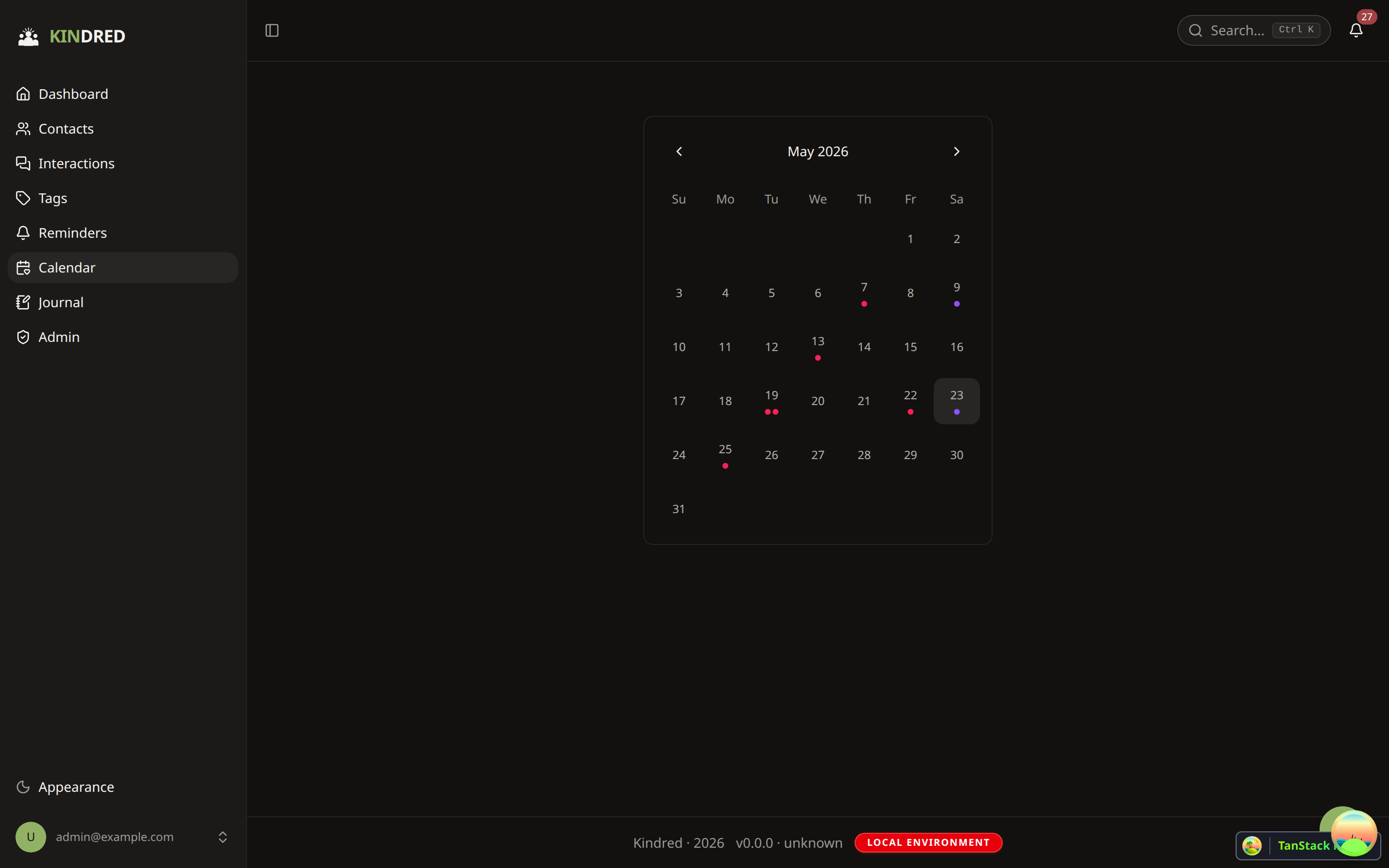Calendar view with birthdays and life events