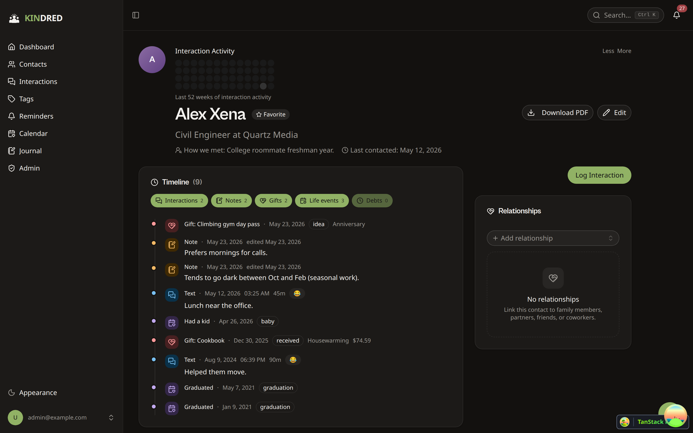 Contact detail with interaction timeline and relationships sidebar