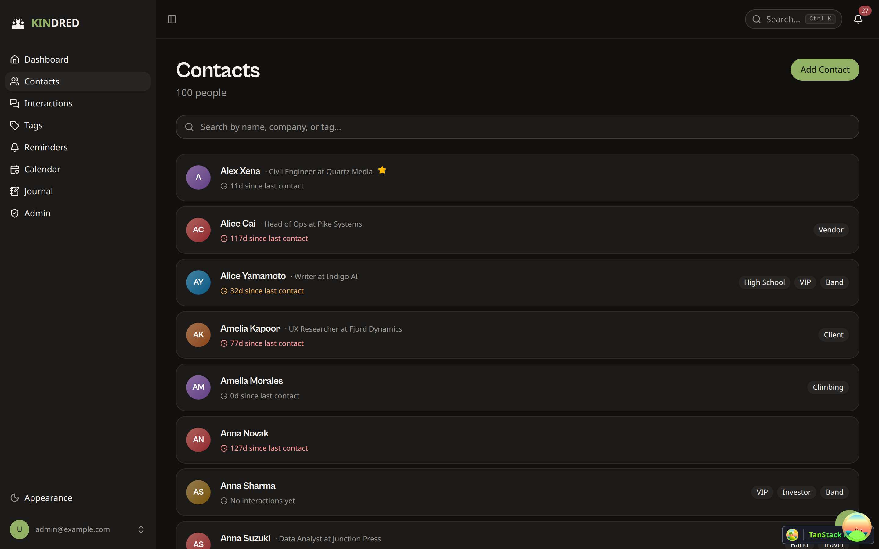 Contacts list with last-contact decay, tags, and company