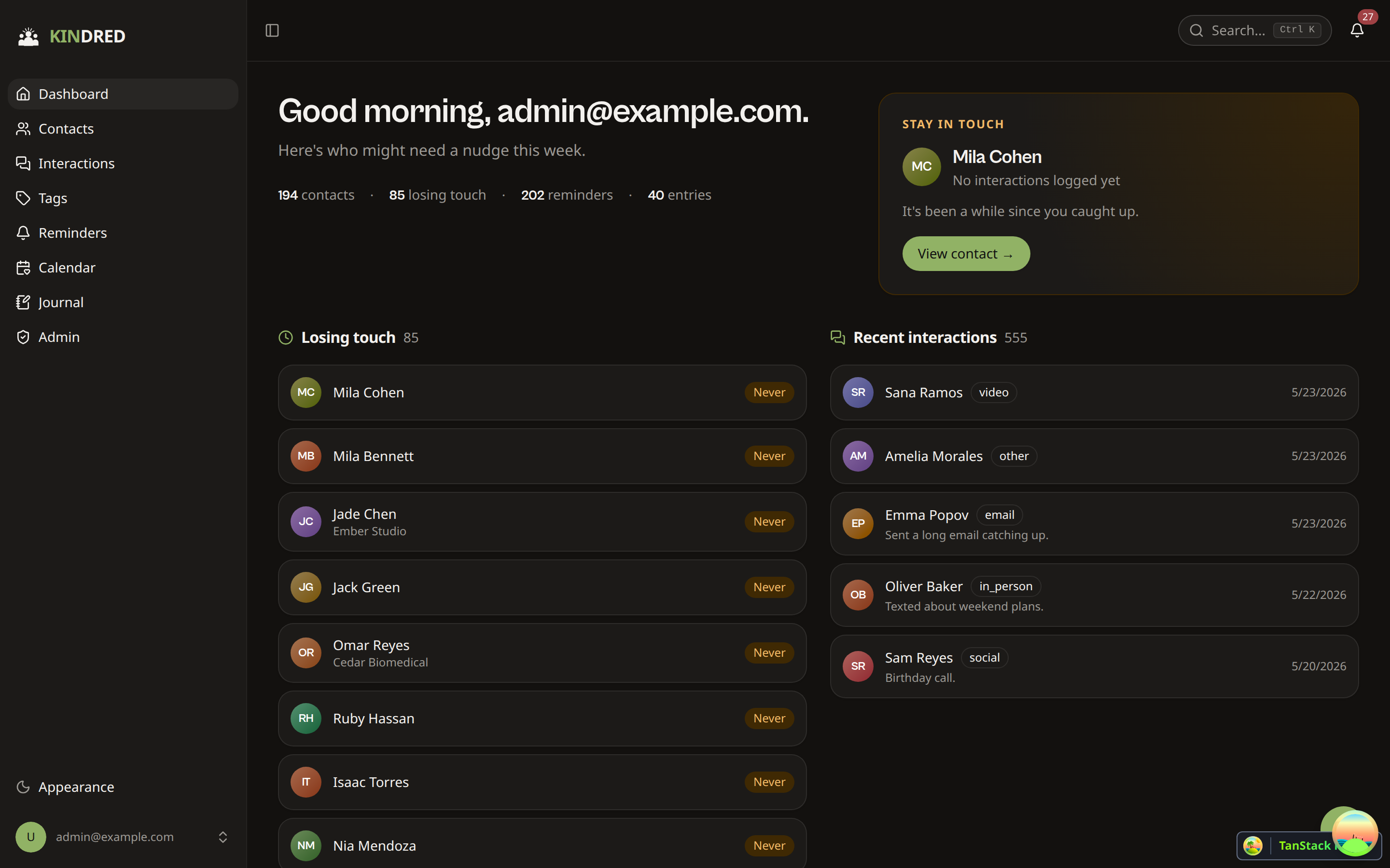 Kindred dashboard showing losing-touch alerts and recent interactions
