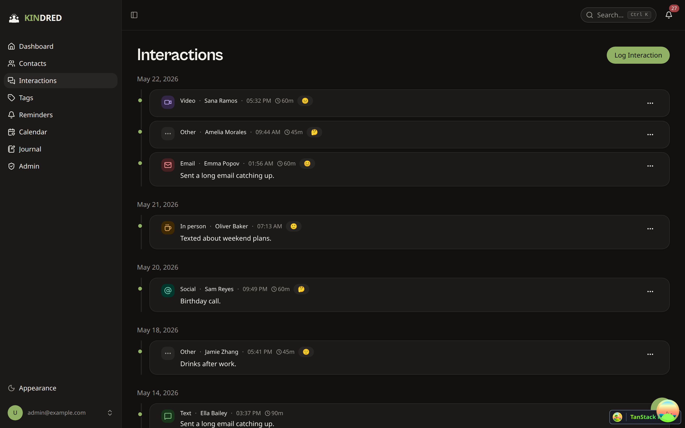 Interaction feed grouped by date with channel badges