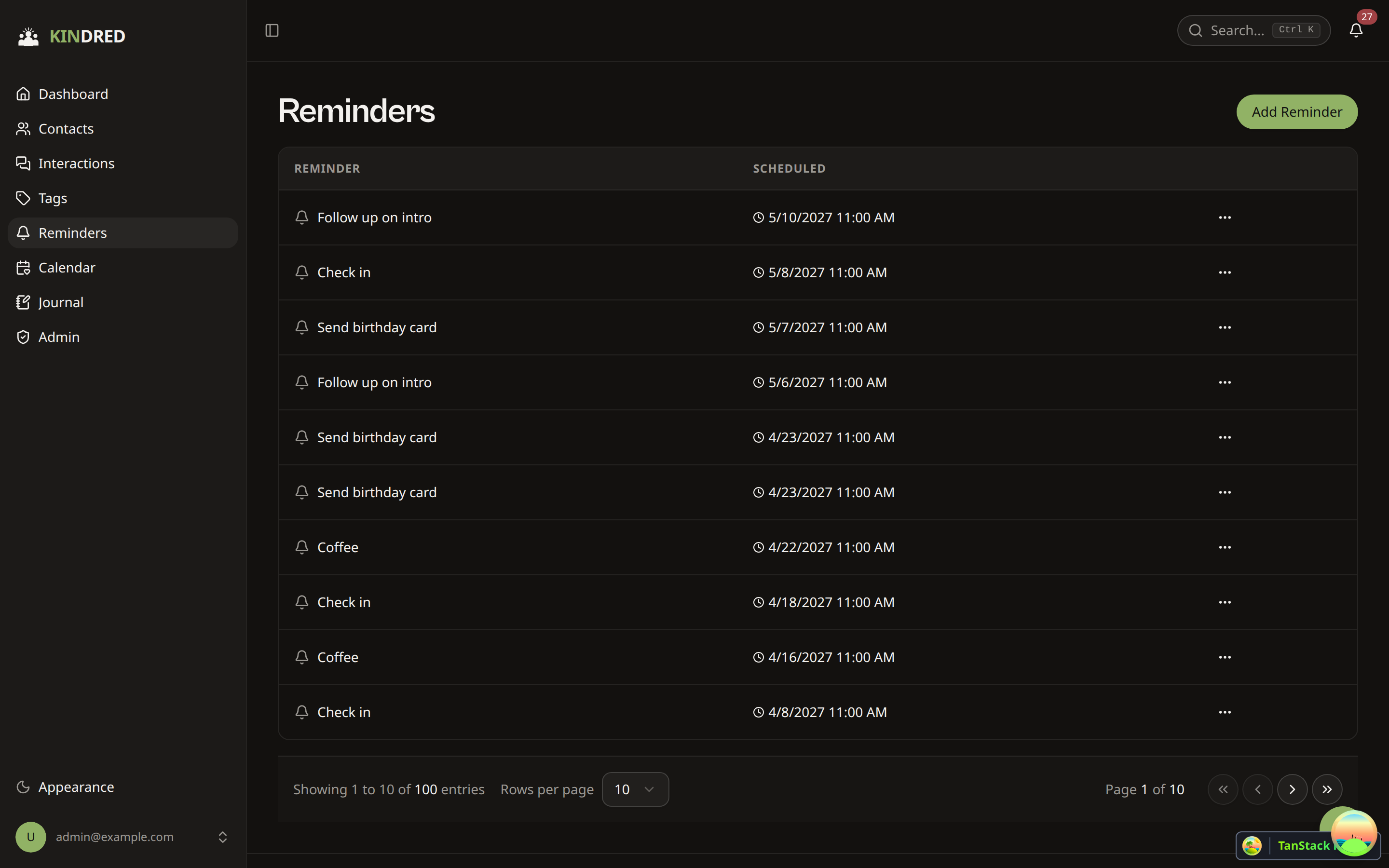 Reminders list linked to contacts