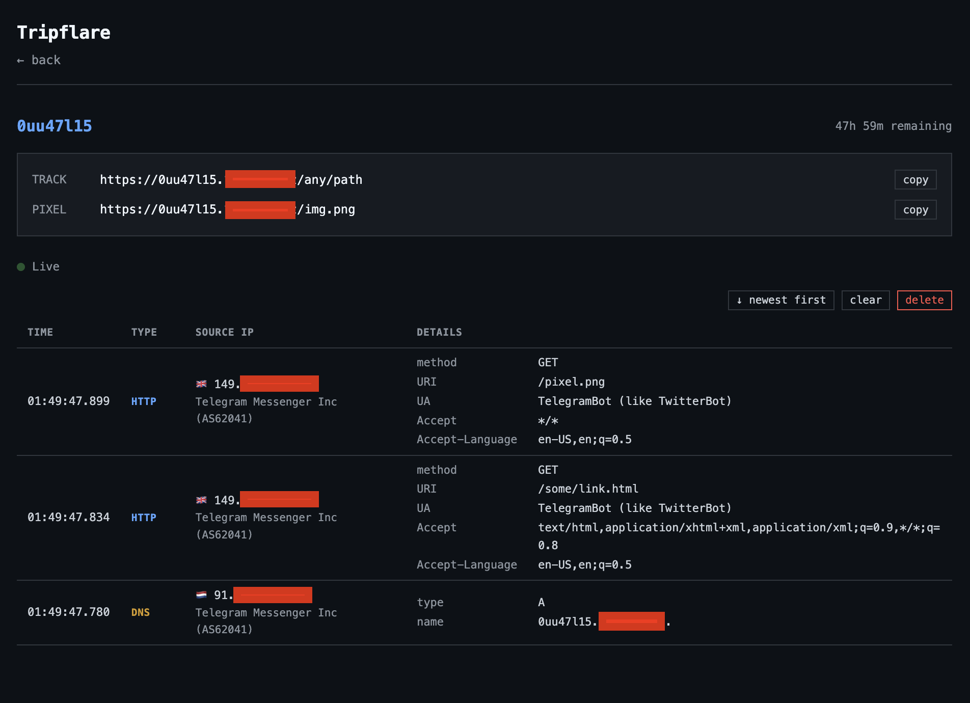 Tripflare dashboard catching a Telegram link-preview bot: interleaved DNS and HTTP events, each with source IP, ASN, org, and full request detail