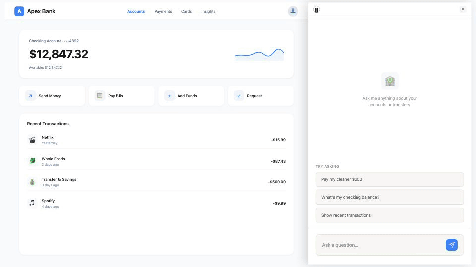 Pillar banking demo — user asks the copilot to pay their cleaner $200